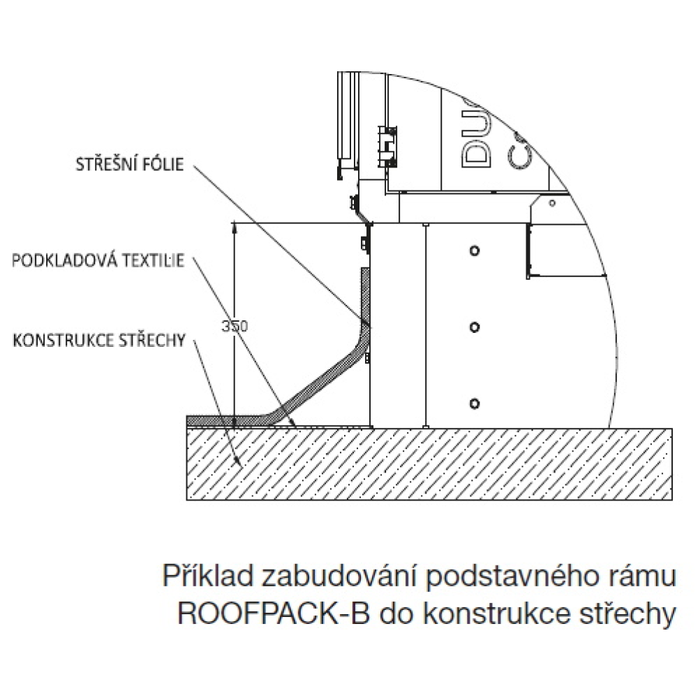 příklad zabudování podstavného rámu ROOFPACK-B do konstrukce střechy